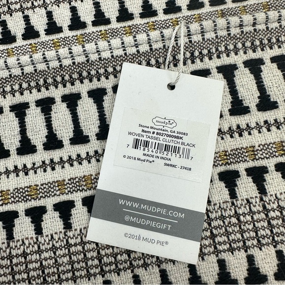 Mud Pie Black & Off White Woven Tassel Clutch New - Picture 11 of 11